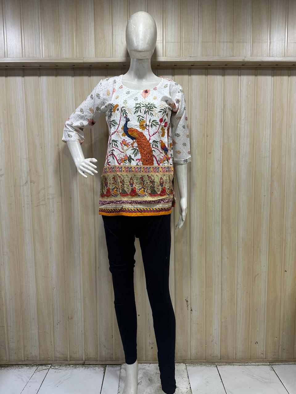 Cream Mull Cotton Short Kurti with Peacock & Folk Print