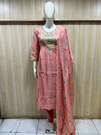 Peach Mull Chandri 3-Piece Suit Set | Embroidered Round Kurti with Pant & Dupatta