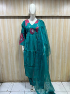 Teal Mull Chandri 3-Piece Suit Set with Floral Work | Round Kurti, Pant & Dupatta