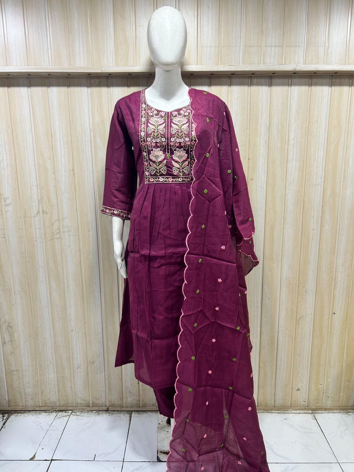 Plum Mull Chandri 3-Piece Suit Set | Floral Embroidered Round Kurti with Pant & Dupatta