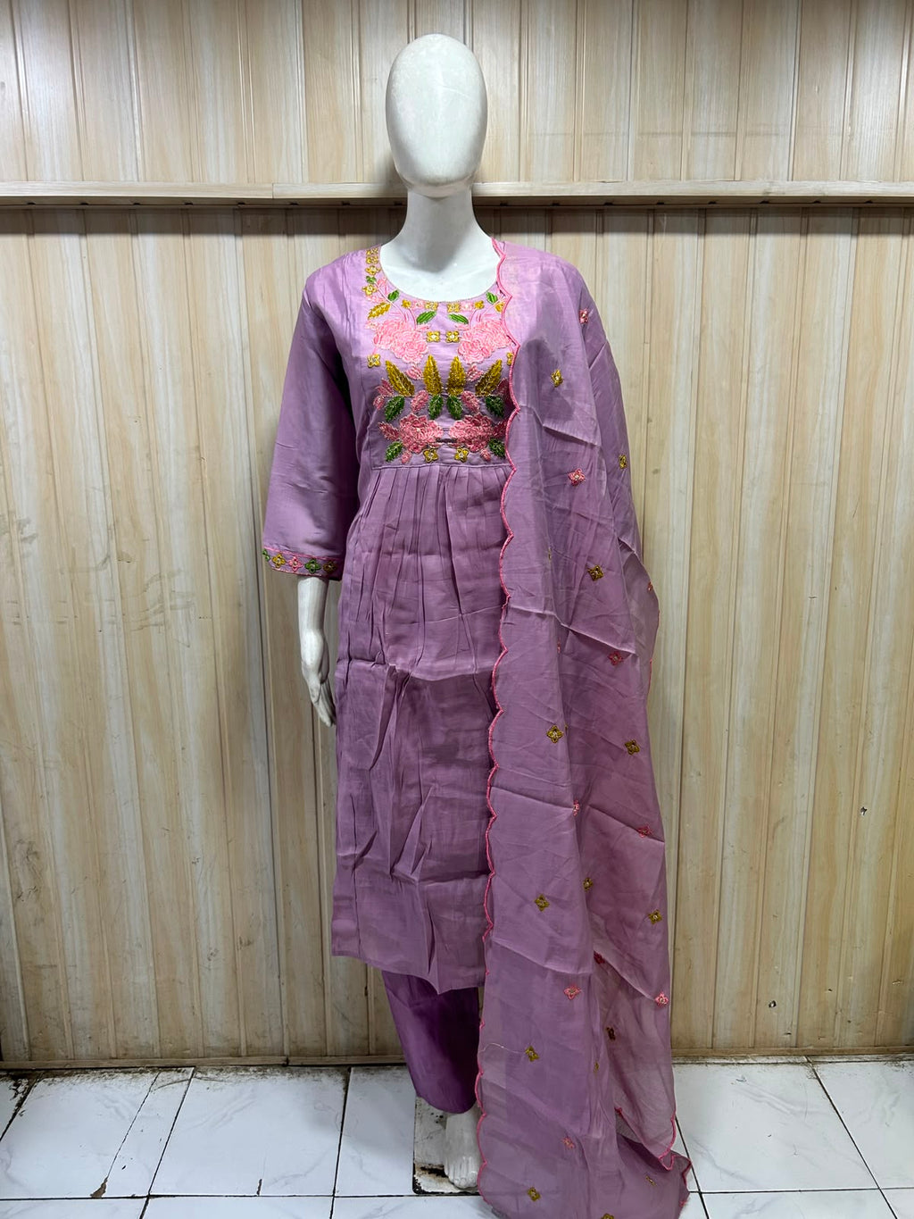 Lavender Mull Chandri 3-Piece Suit Set | Floral Embroidered Round Kurti with Pant & Dupatta