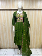 Olive Green Mull Chandri 3-Piece Suit Set | Embroidered Round Kurti with Pant & Dupatta