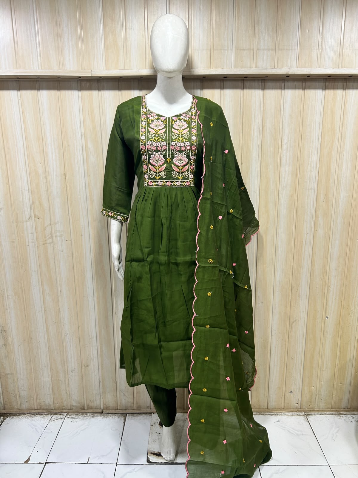 Olive Green Mull Chandri 3-Piece Suit Set | Embroidered Round Kurti with Pant & Dupatta