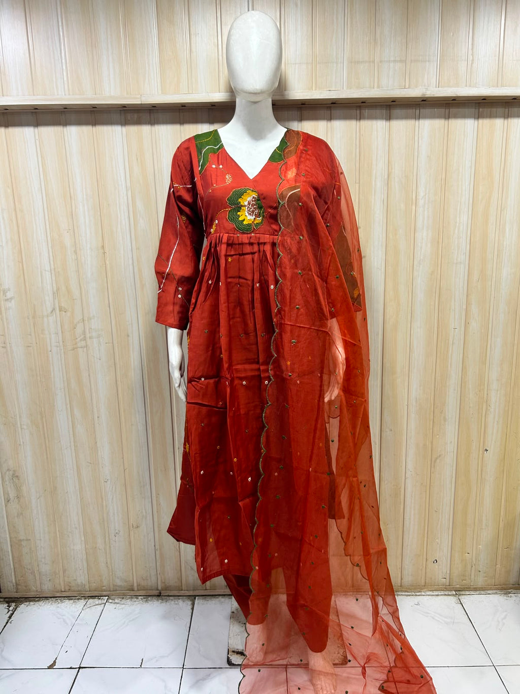 Rust Red Mull Chandri 3-Piece Suit Set | Floral Round Kurti with Pant & Dupatta