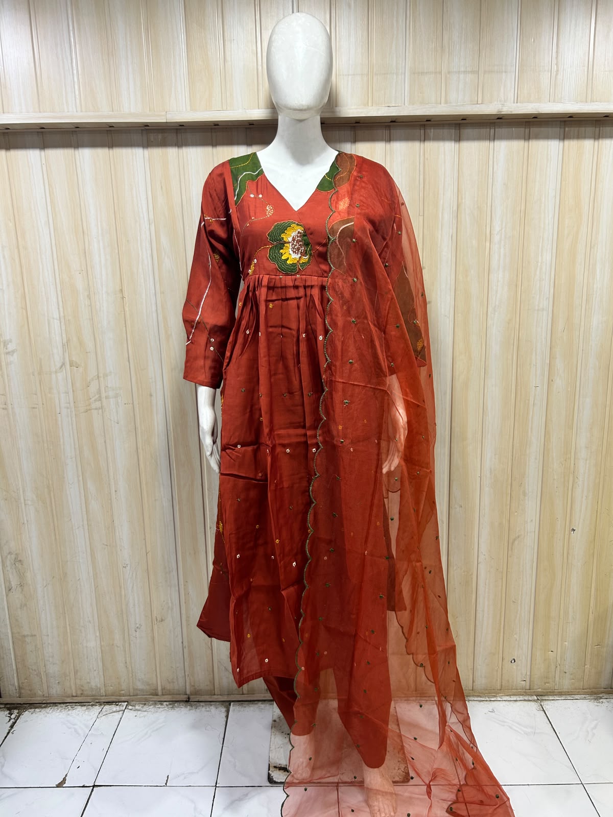 Rust Red Mull Chandri 3-Piece Suit Set | Floral Round Kurti with Pant & Dupatta