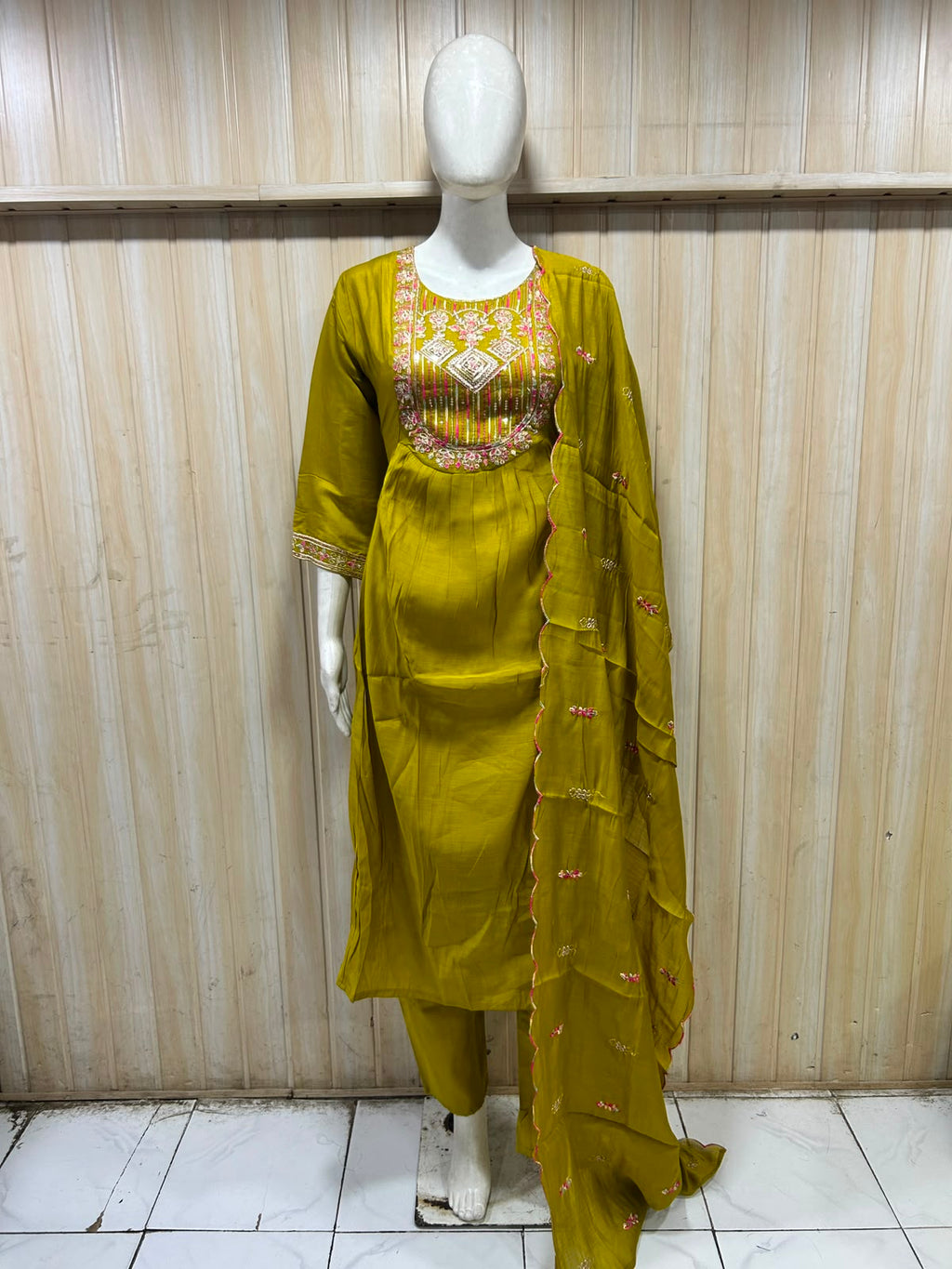 Mustard Yellow Mull Chandri 3-Piece Suit Set | Embroidered Round Kurti with Pant & Dupatta