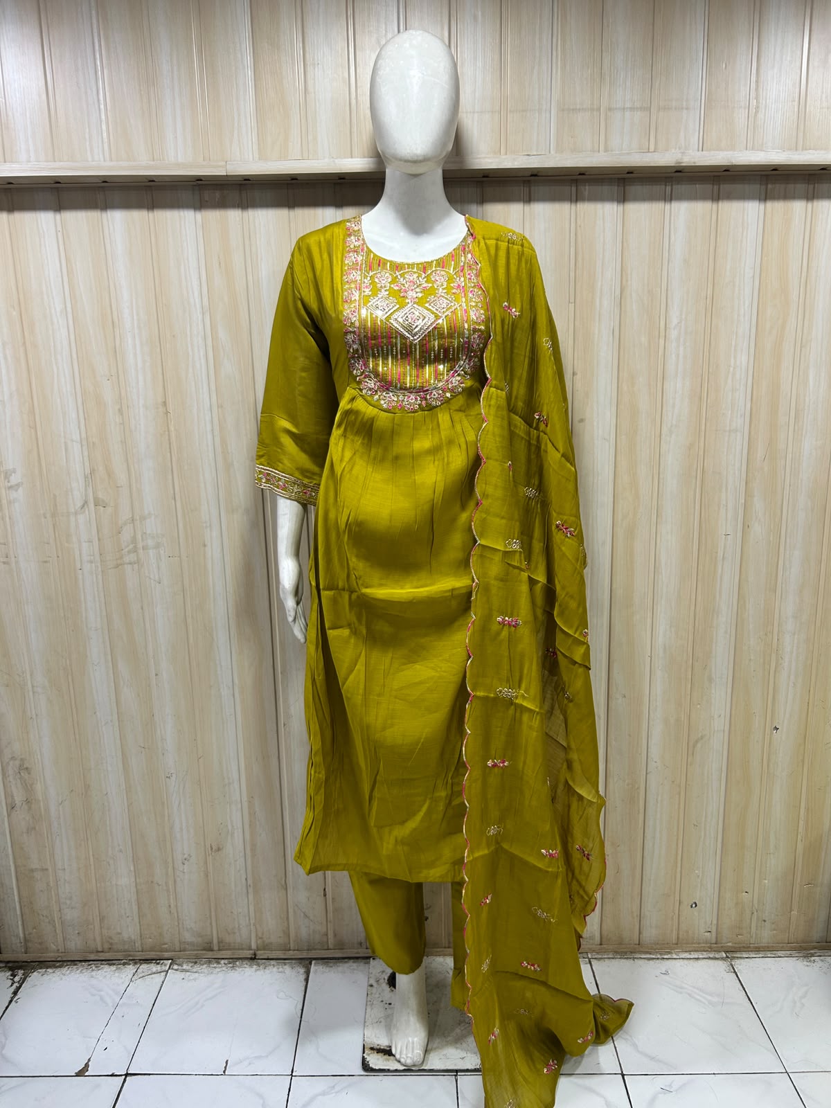 Mustard Yellow Mull Chandri 3-Piece Suit Set | Embroidered Round Kurti with Pant & Dupatta