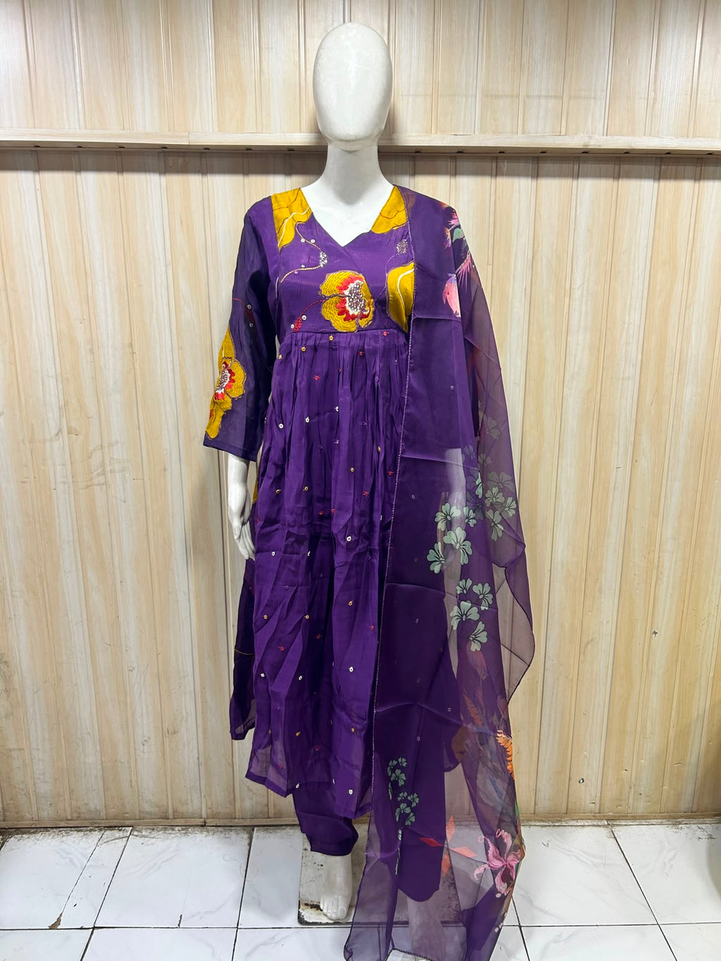Royal Purple Mull Chandri 3-Piece Suit Set | Floral Kurti with Pant & Dupatta