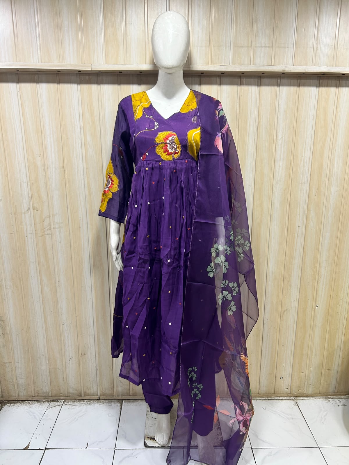 Royal Purple Mull Chandri 3-Piece Suit Set | Floral Kurti with Pant & Dupatta