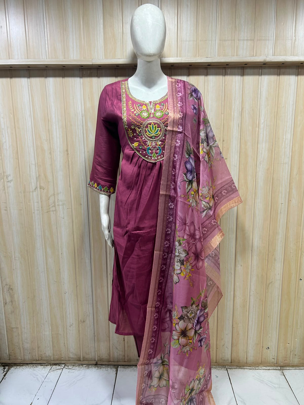 Mauve Pink Mull Chandri 3-Piece Suit Set | Floral Embroidered Round Kurti with Pant & Dupatta