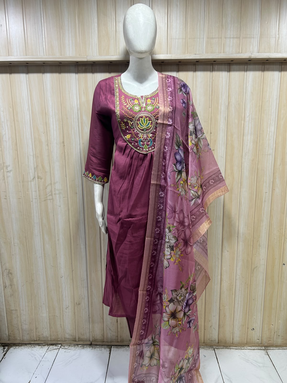 Mauve Pink Mull Chandri 3-Piece Suit Set | Floral Embroidered Round Kurti with Pant & Dupatta