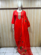 Red ROMAN SILK 3-Piece Suit Set with ORGANZA DUPATTA