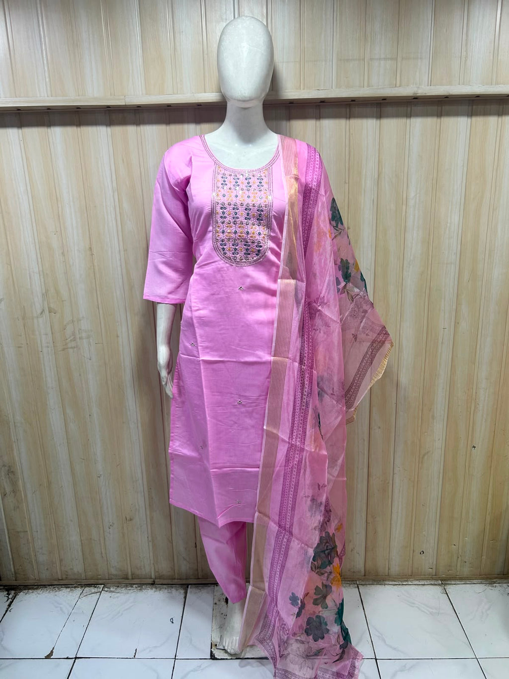 Pink ROMAN SILK 3-Piece Suit Set with ORGANZA DUPATTA