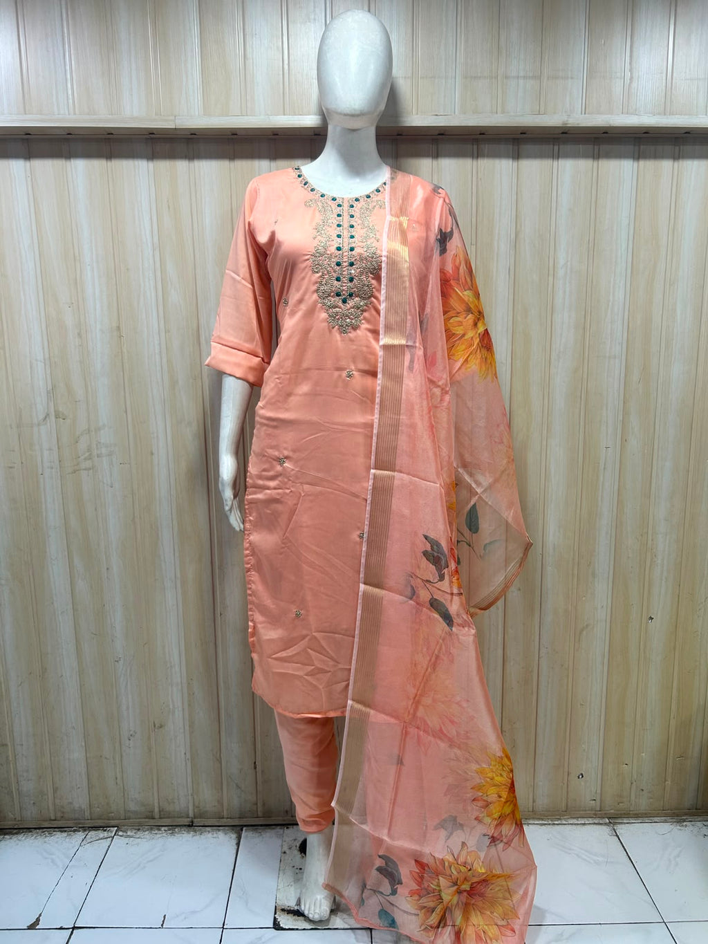 Peach ROMAN SILK 3-Piece Suit Set with ORGANZA DUPATTA
