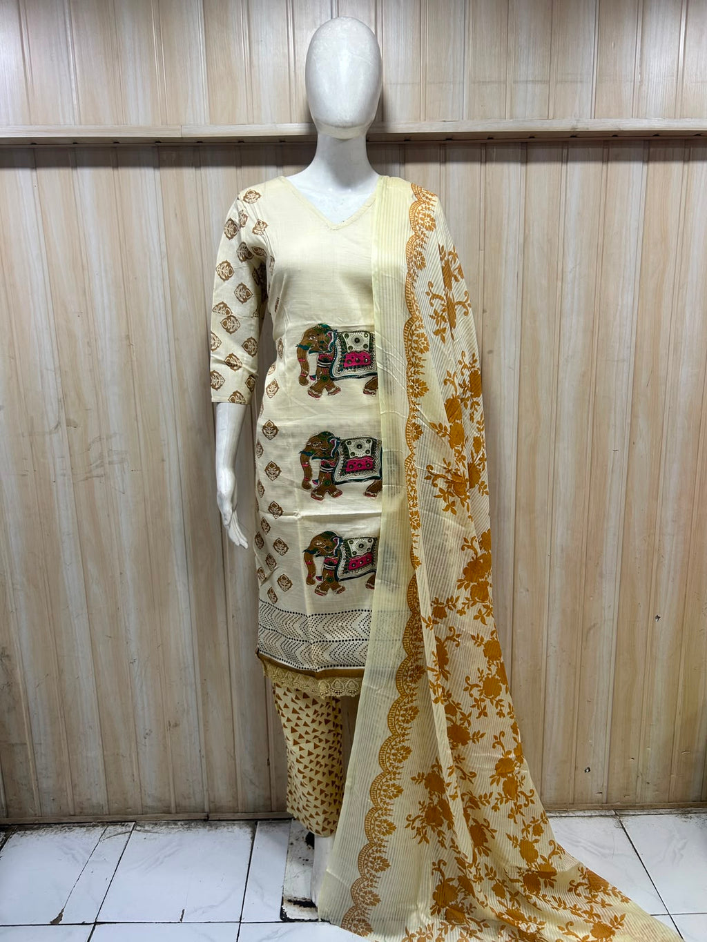 Cream & Mustard Pure Cotton 3-Piece Ethnic Suit Set with Printed Dupatta