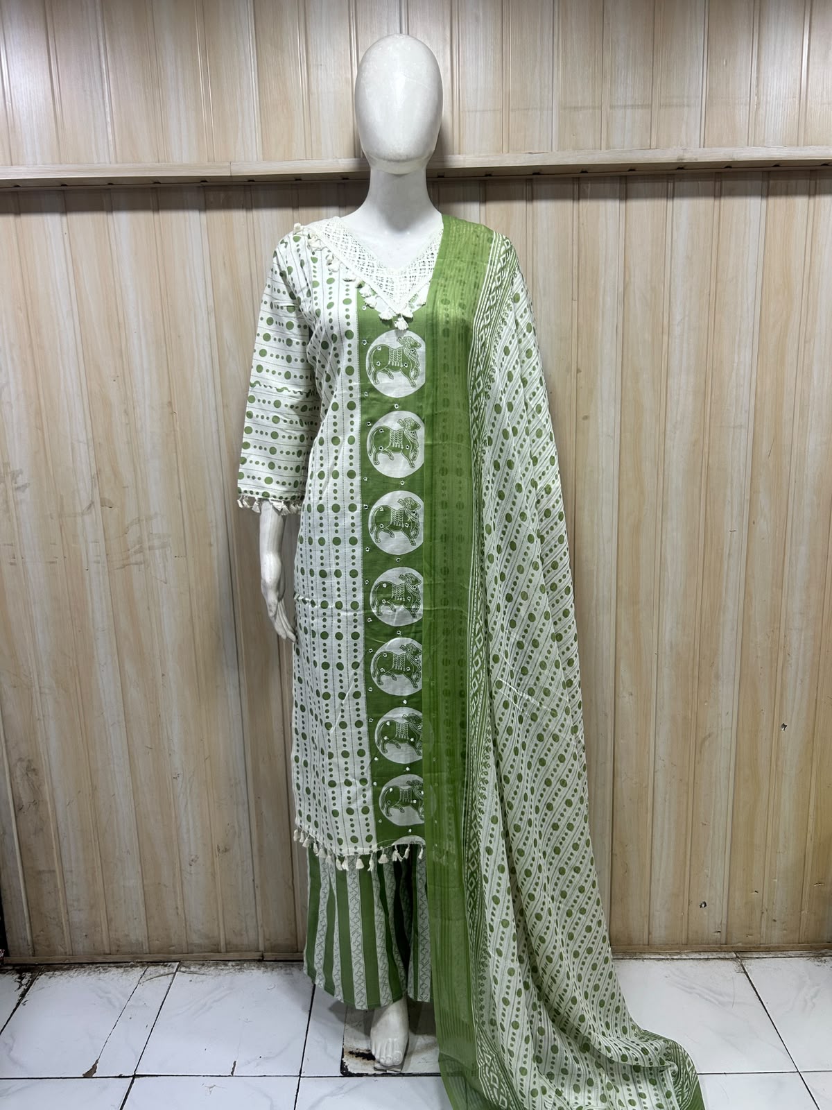 Green & White Printed 3-Piece Ethnic Suit Set with Dupatta