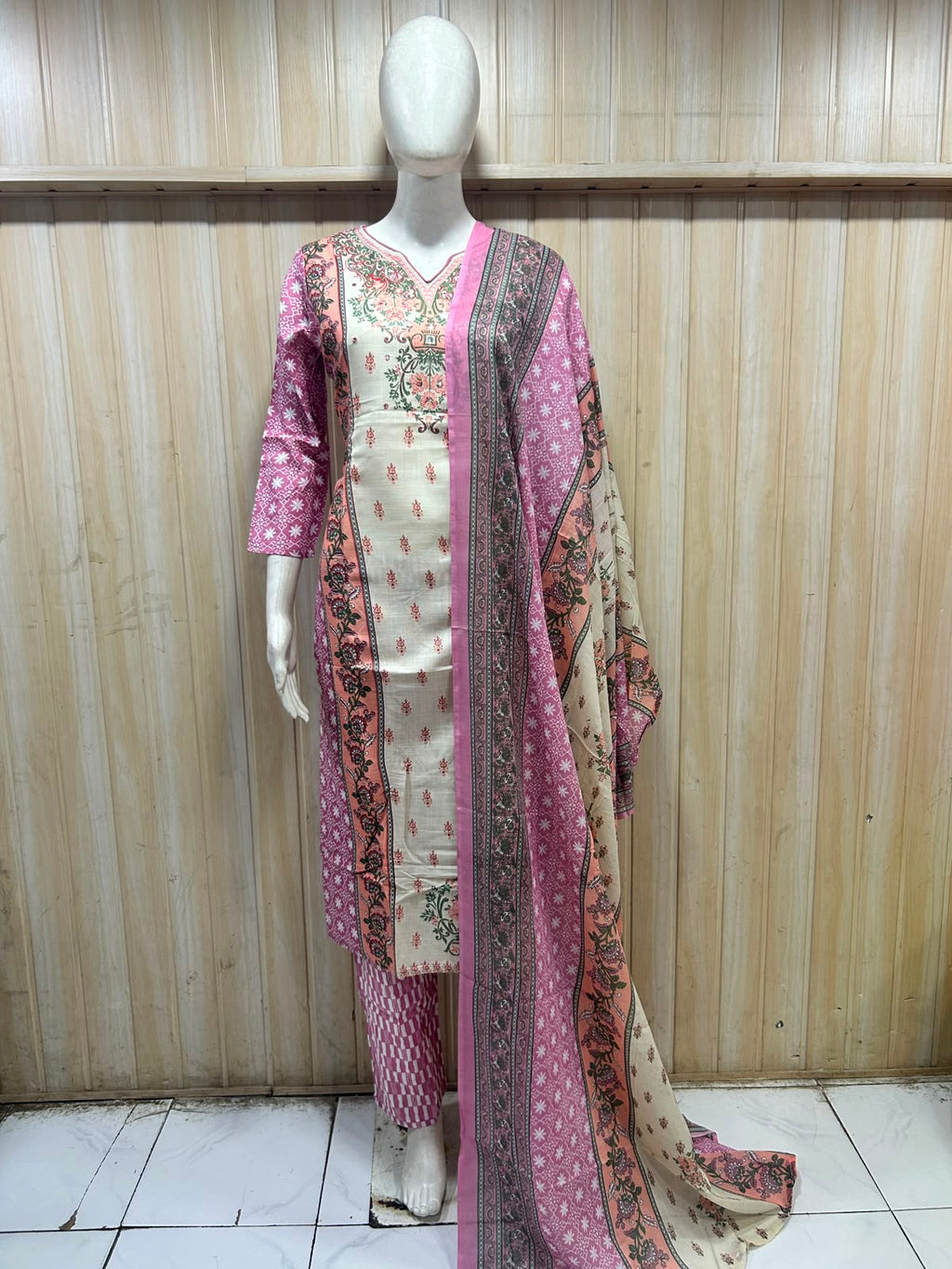 Pink & Cream Pure Cotton Printed 3-Piece Suit Set with Floral Dupatta