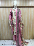 Pink & Cream Pure Cotton Printed 3-Piece Suit Set with Floral Dupatta
