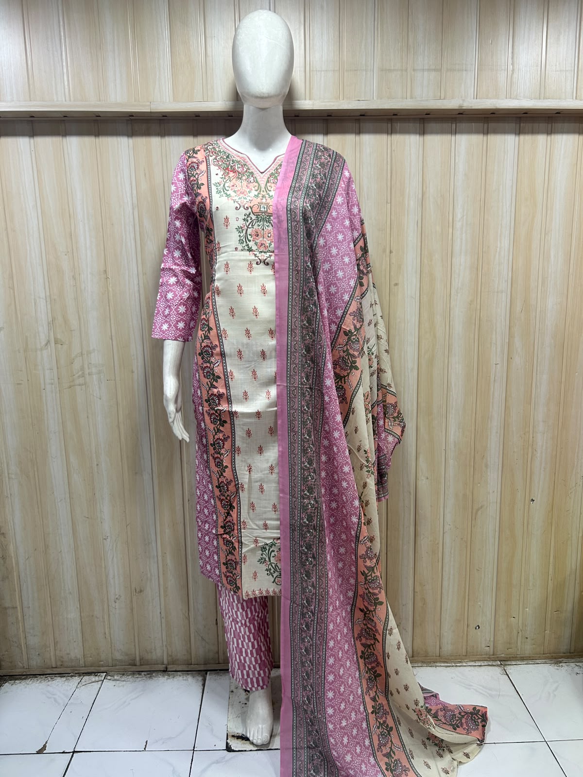 Pink & Cream Pure Cotton Printed 3-Piece Suit Set with Floral Dupatta