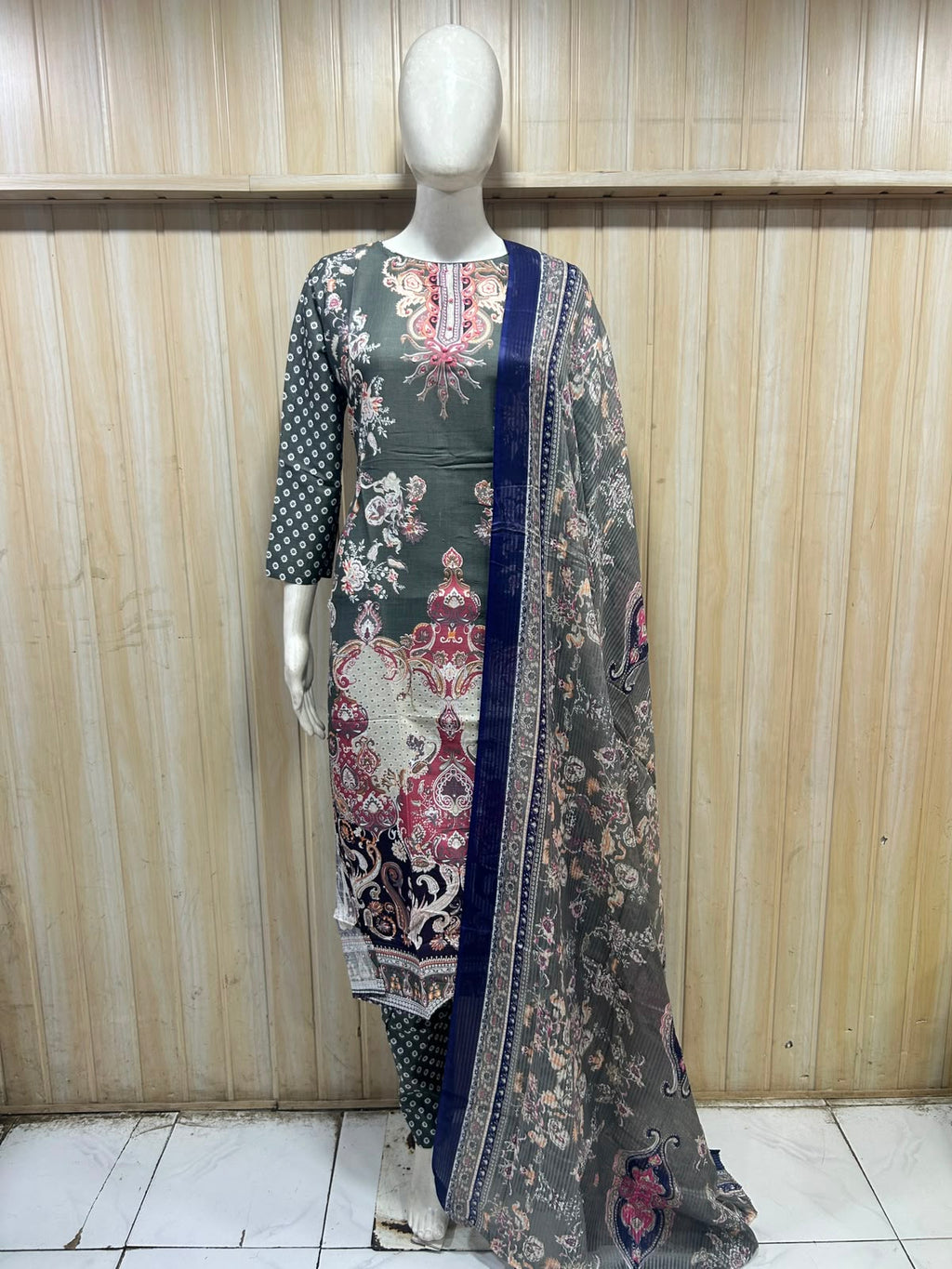 Charcoal Grey Printed 3-Piece Pure Cotton Suit Set with Navy Dupatta