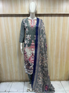 Charcoal Grey Printed 3-Piece Pure Cotton Suit Set with Navy Dupatta