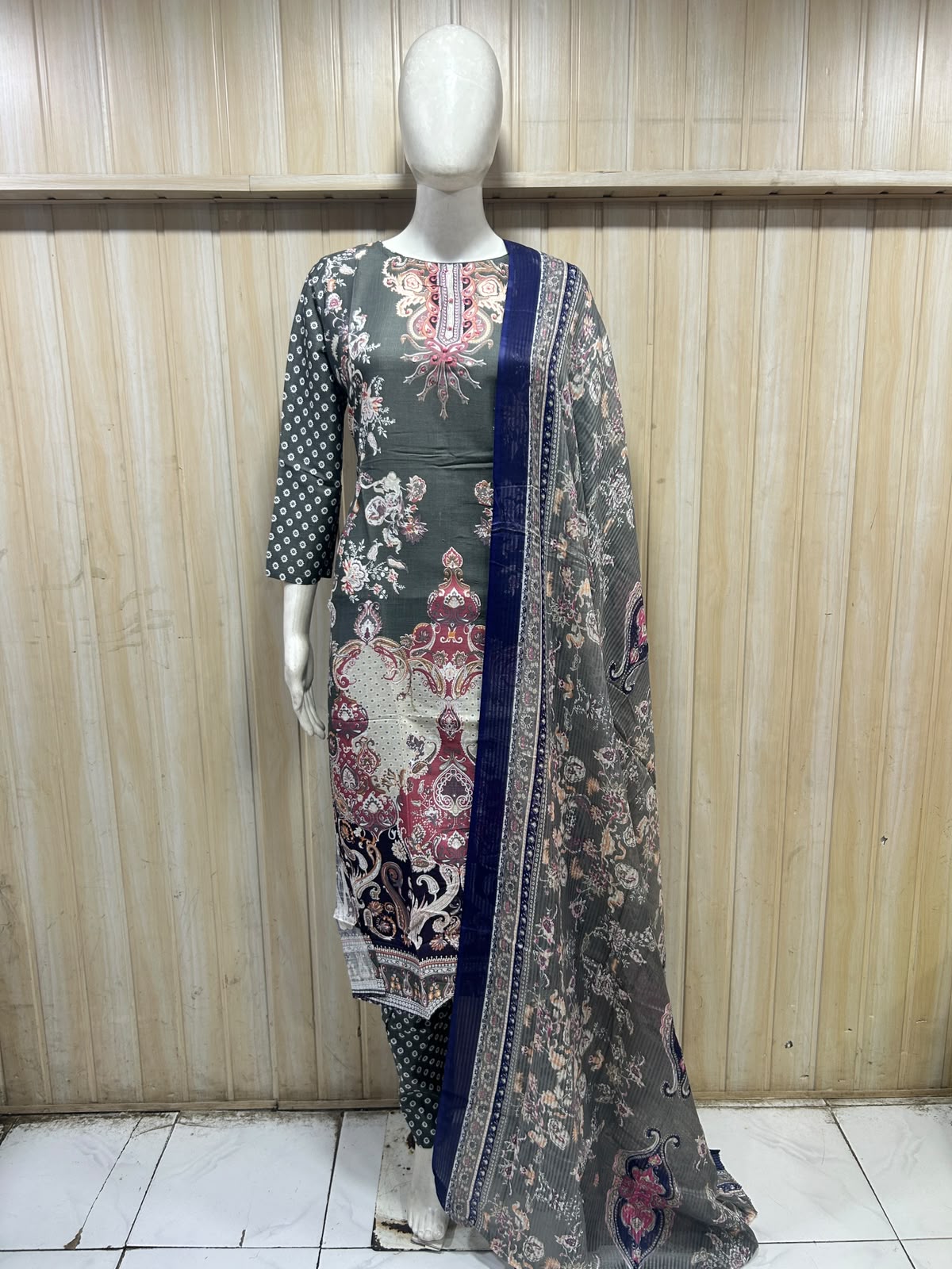 Charcoal Grey Printed 3-Piece Pure Cotton Suit Set with Navy Dupatta