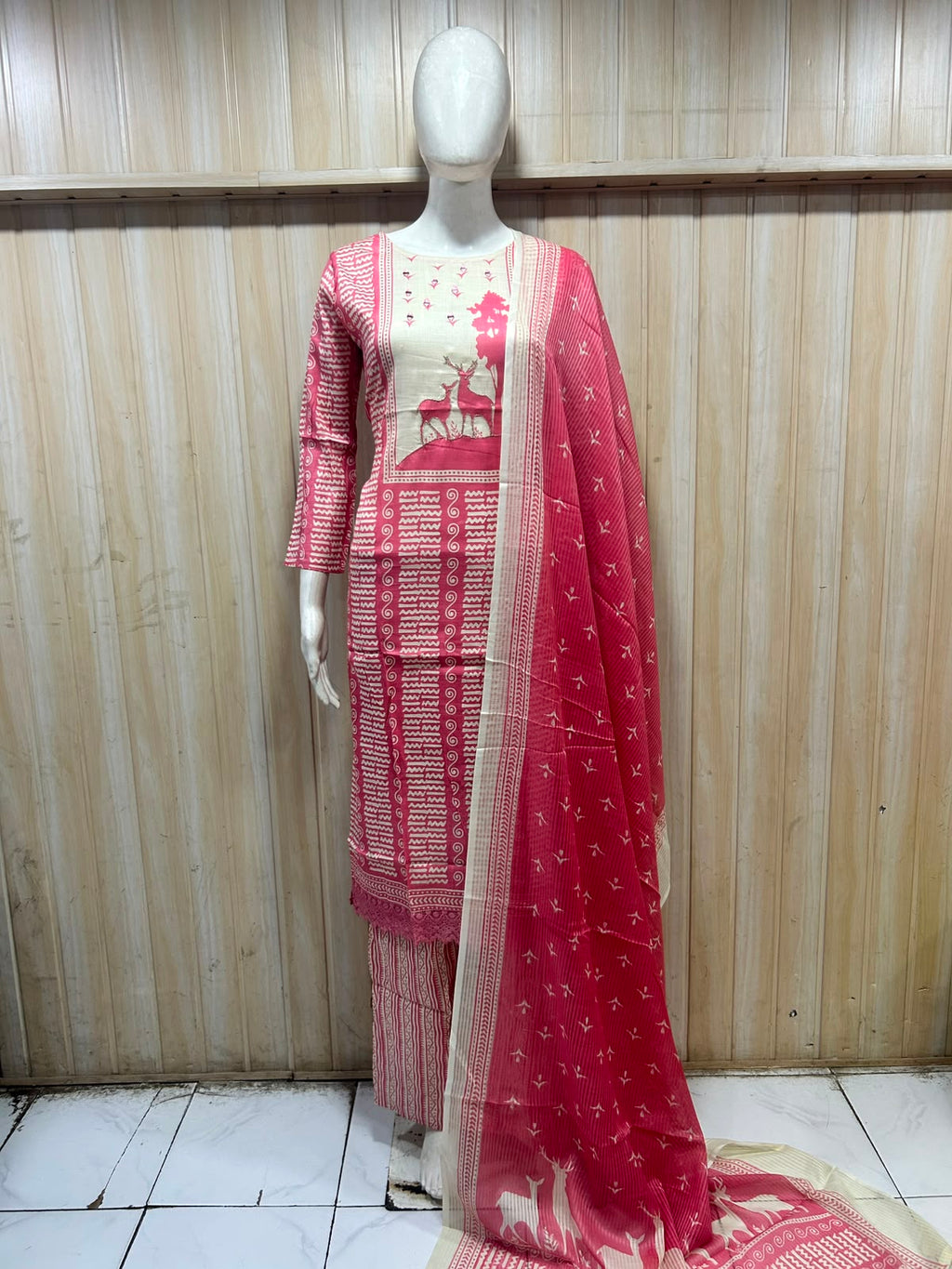 Pink & Cream Pure Cotton Printed 3-Piece Suit Set with Dupatta