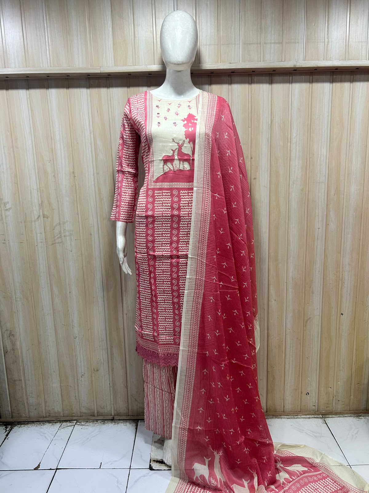 Pink & Cream Pure Cotton Printed 3-Piece Suit Set with Dupatta