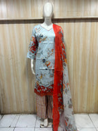 Sky Blue Floral Printed Pure Cotton 3-Piece Suit Set with Red Dupatta