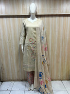 Cream Printed 3-Piece Pure Cotton Suit Set with Pink & Multicolour Detailing