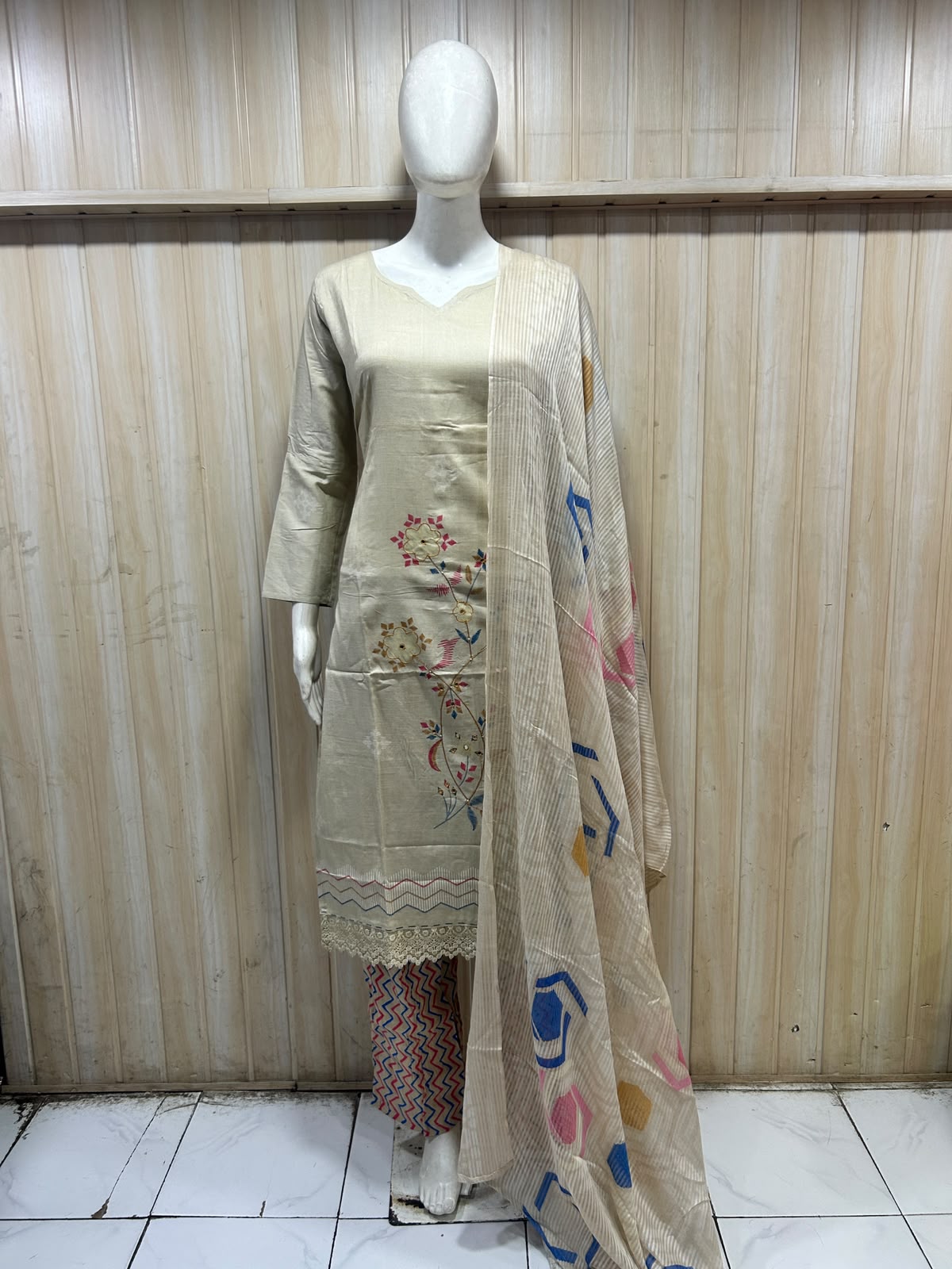 Cream Printed 3-Piece Pure Cotton Suit Set with Pink & Multicolour Detailing
