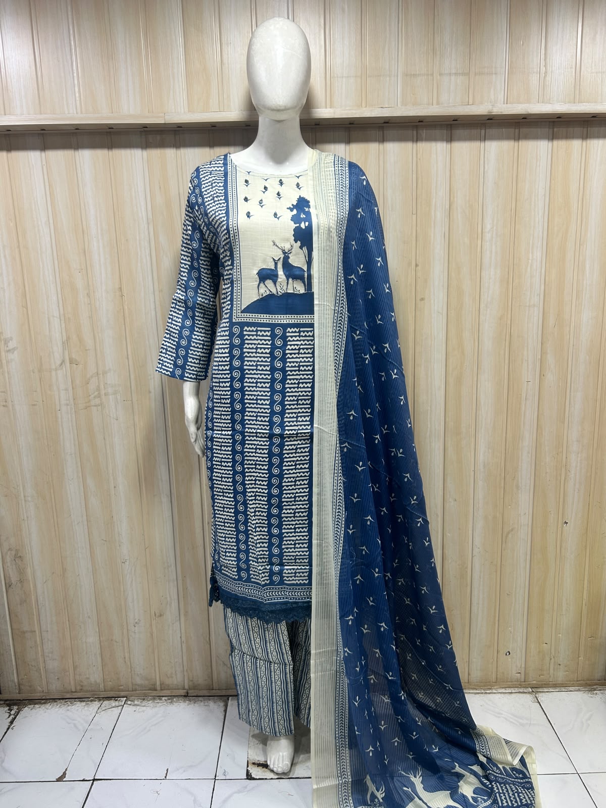 Blue &Cream Printed Pure Cotton 3-Piece Suit Set