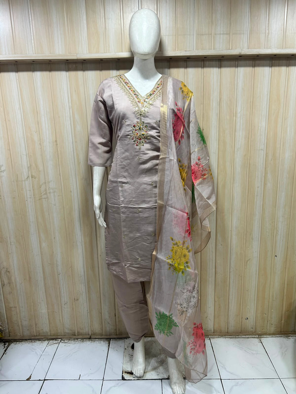Mauve Grey Roman Silk 3-Piece Embroidered Suit Set with Floral Dupatta