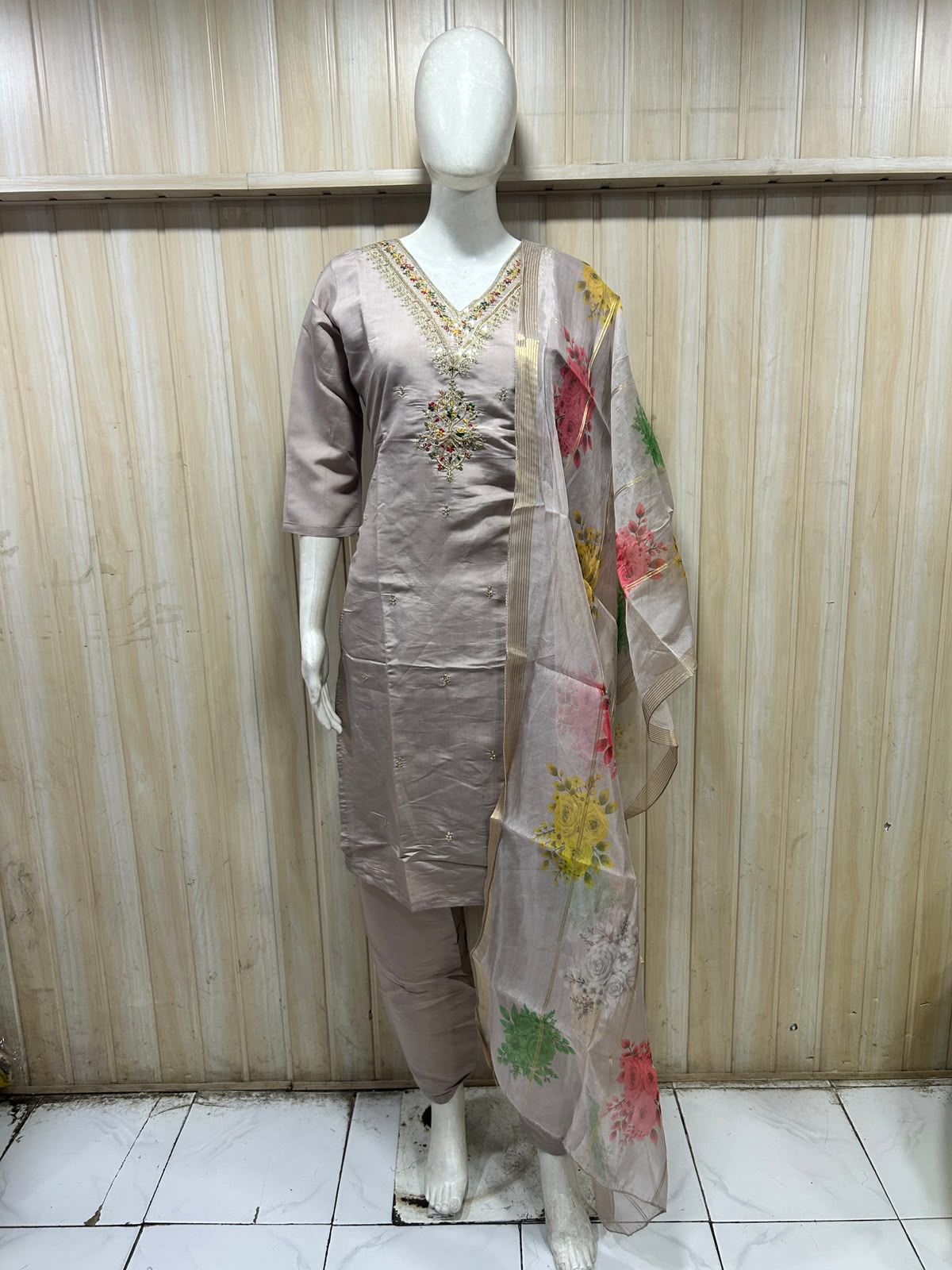 Mauve Grey Roman Silk 3-Piece Embroidered Suit Set with Floral Dupatta