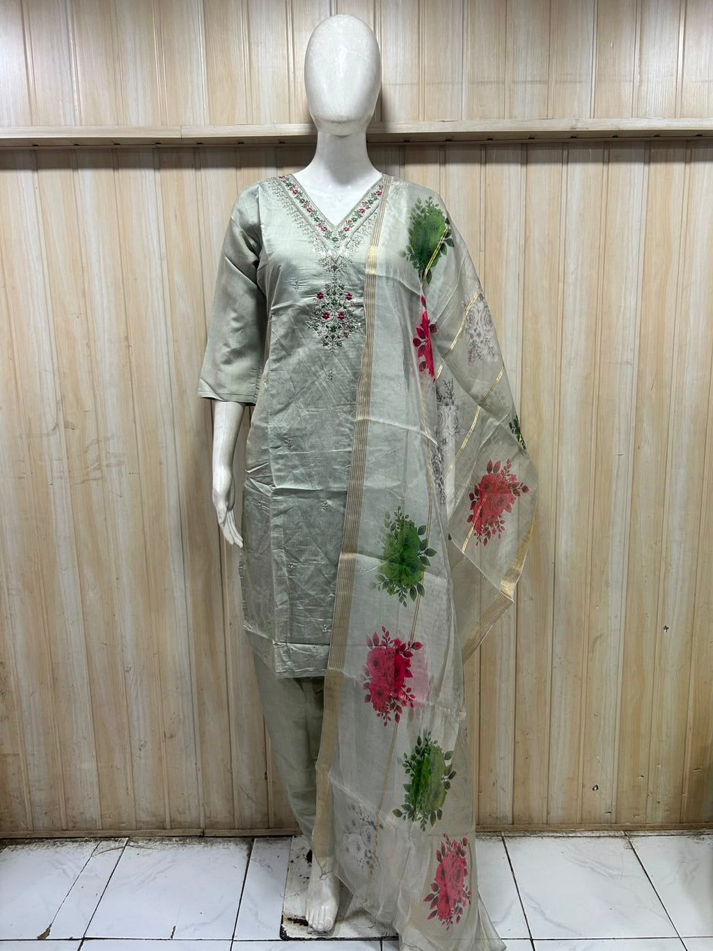 Sage Green Roman Silk 3-Piece Embroidered Suit Set with Floral Dupatta