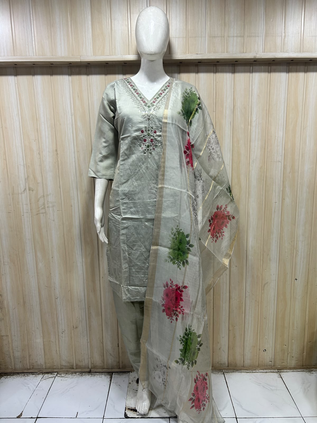 Sage Green Roman Silk 3-Piece Embroidered Suit Set with Floral Dupatta