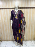 Deep Plum Roman Silk 3-Piece Embroidered Suit Set with Floral Dupatta