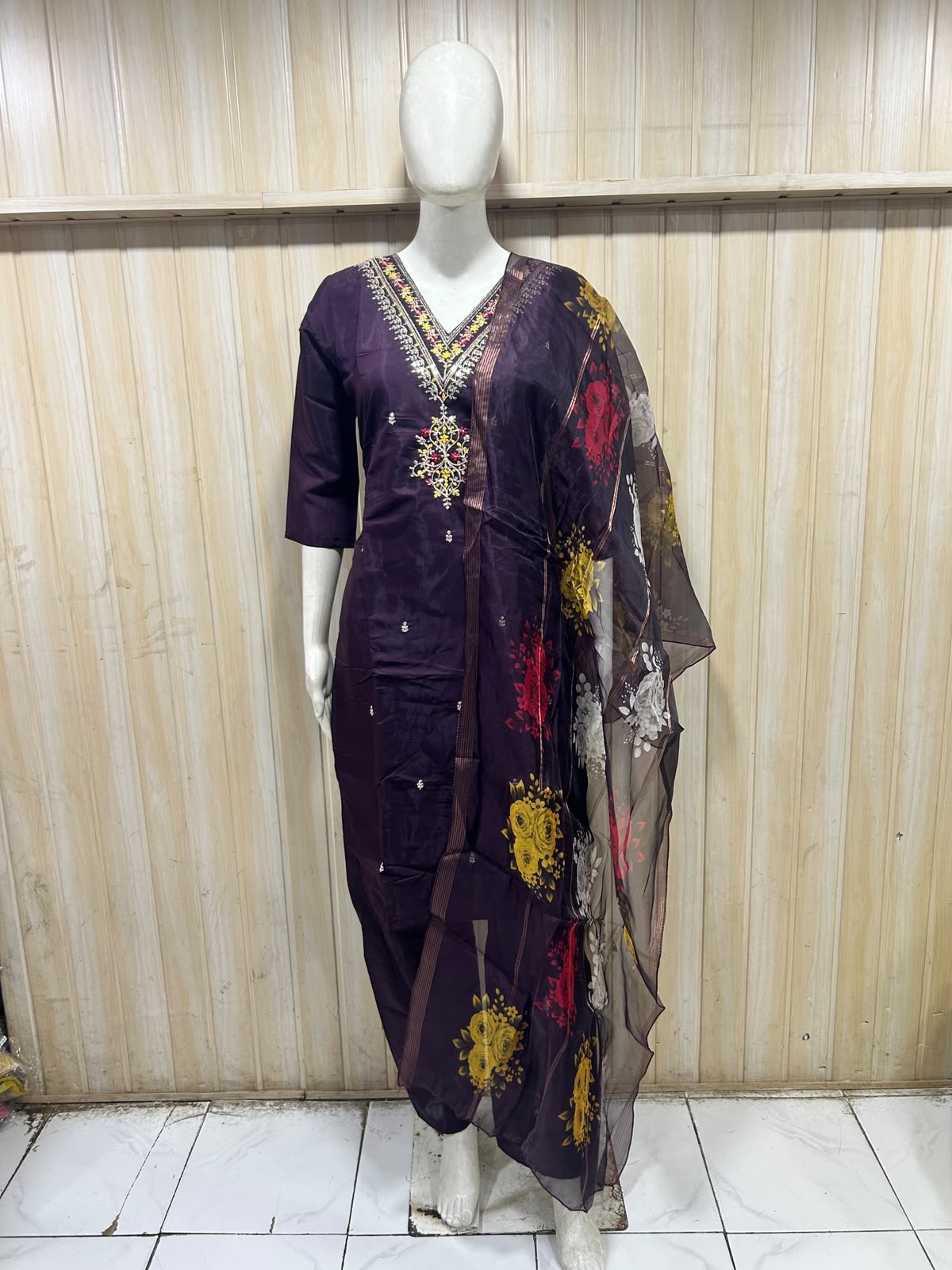 Deep Plum Roman Silk 3-Piece Embroidered Suit Set with Floral Dupatta