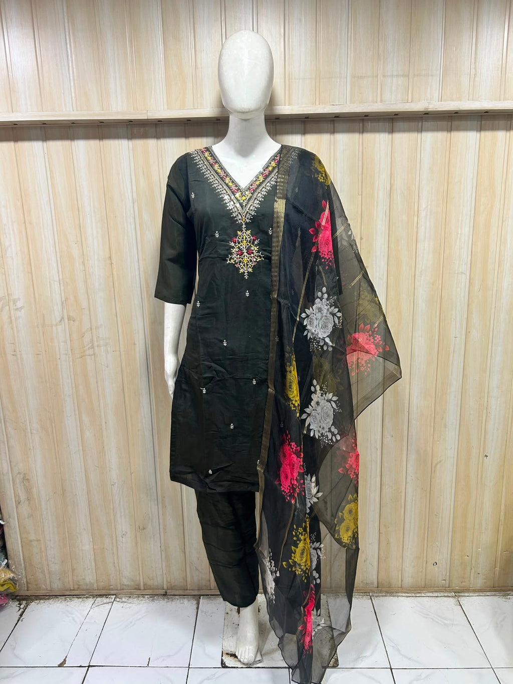 Black Roman Silk 3-Piece Embroidered Suit Set with Floral Dupatta