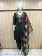 Black Roman Silk 3-Piece Embroidered Suit Set with Floral Dupatta