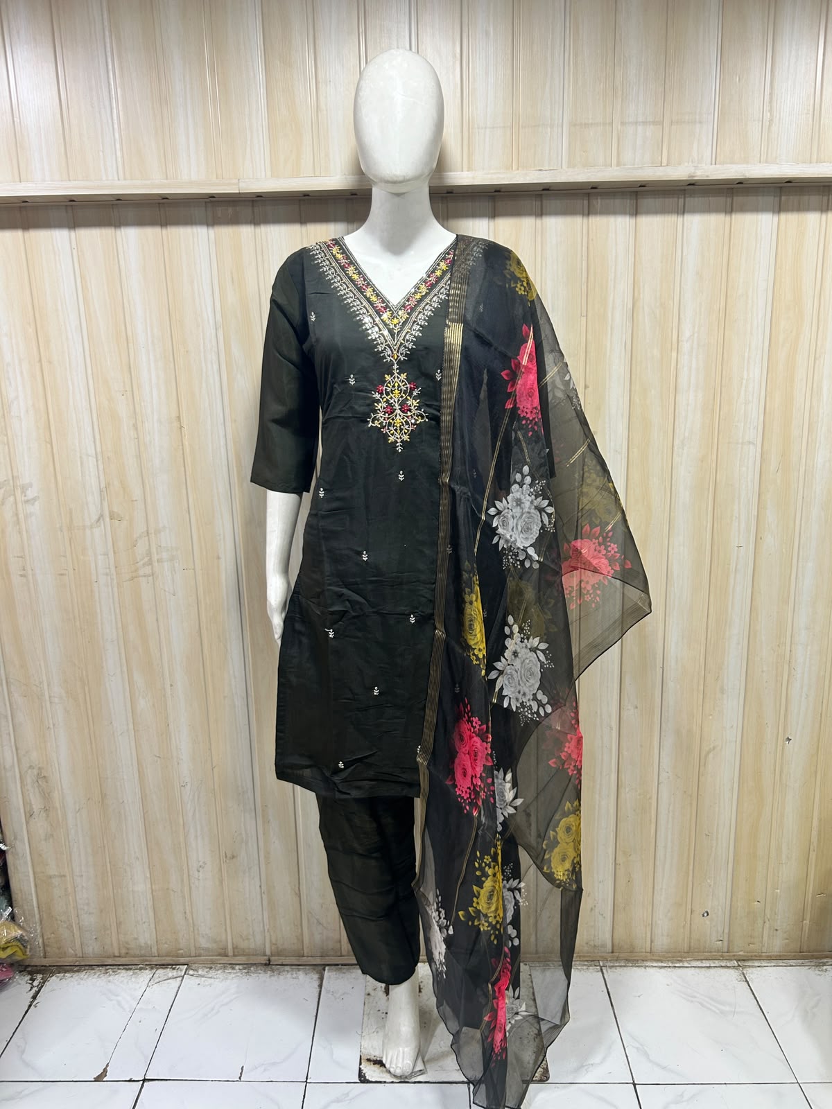 Black Roman Silk 3-Piece Embroidered Suit Set with Floral Dupatta