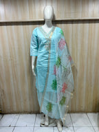 Sky Blue Roman Silk 3-Piece Embroidered Suit Set with Floral Dupatta