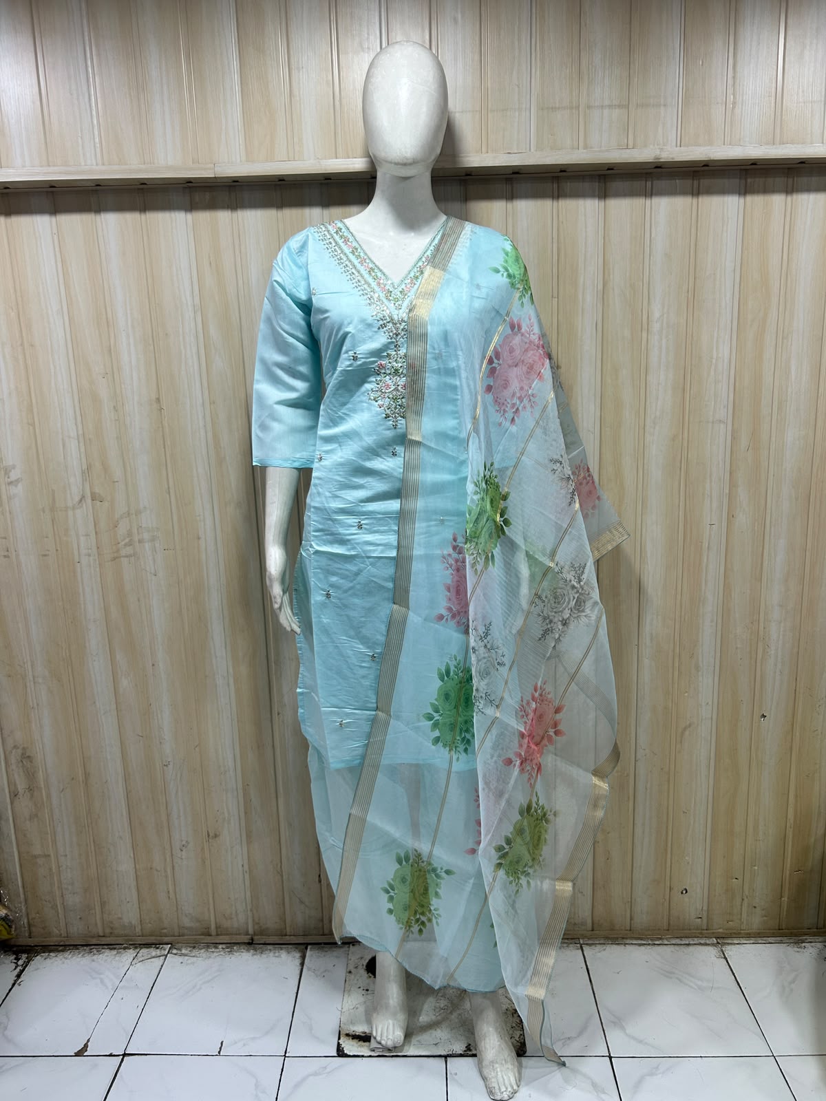 Sky Blue Roman Silk 3-Piece Embroidered Suit Set with Floral Dupatta