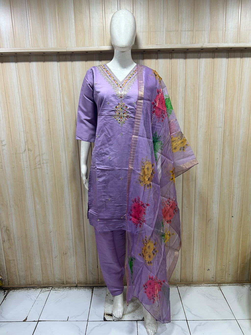 Lavender Roman Silk 3-Piece Embroidered Suit Set with Floral Dupatta