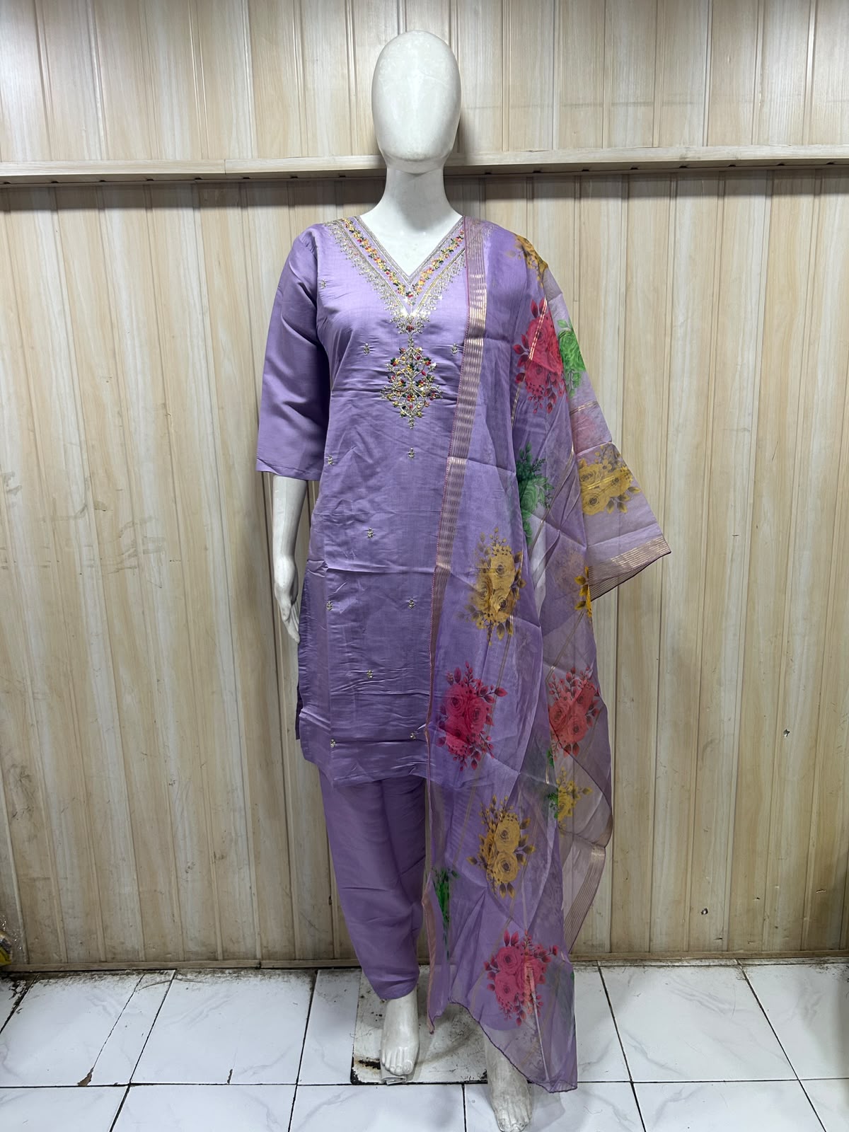 Lavender Roman Silk 3-Piece Embroidered Suit Set with Floral Dupatta