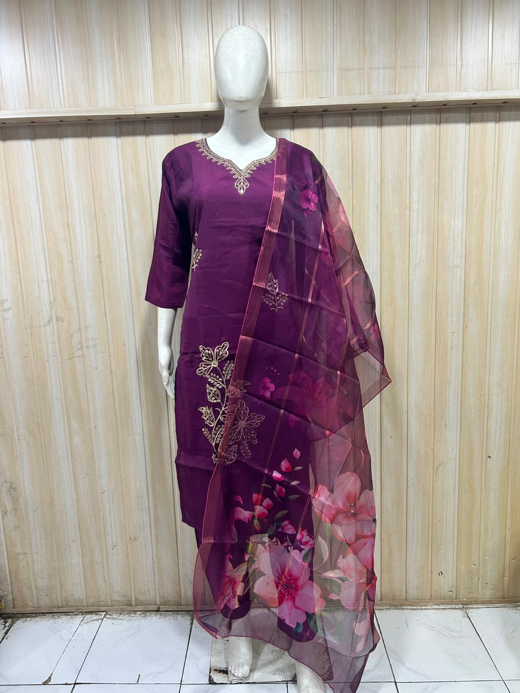 Deep Plum 3-Piece Roman Silk Embroidered Suit Set with Floral Dupatta