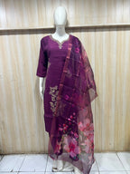 Deep Plum 3-Piece Roman Silk Embroidered Suit Set with Floral Dupatta