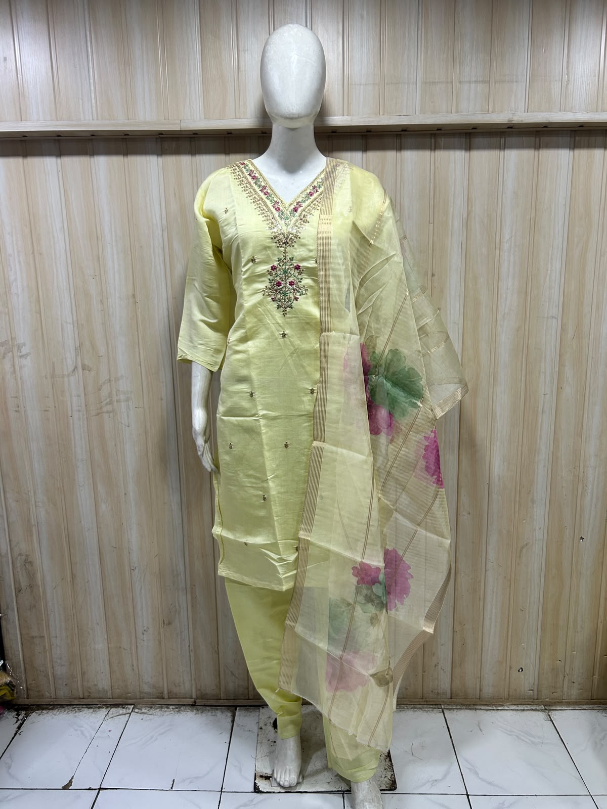 Pastel Lime Yellow Roman Silk 3-Piece Embroidered Suit Set with Floral Dupatta
