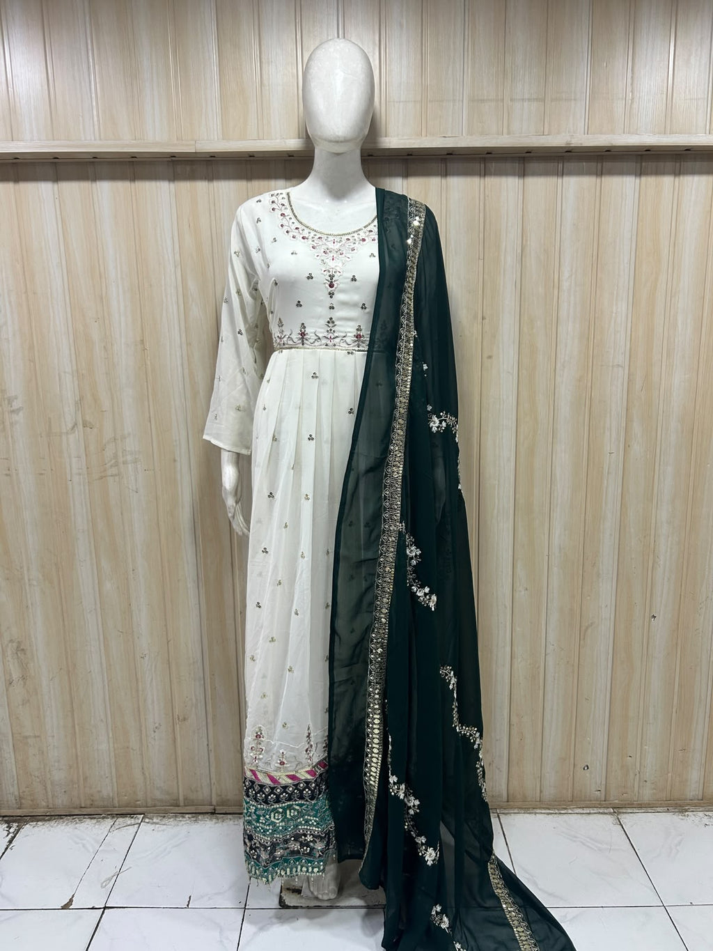 Ivory Georgette Embroidered Kurti with Contrast Dark Teal Dupatta