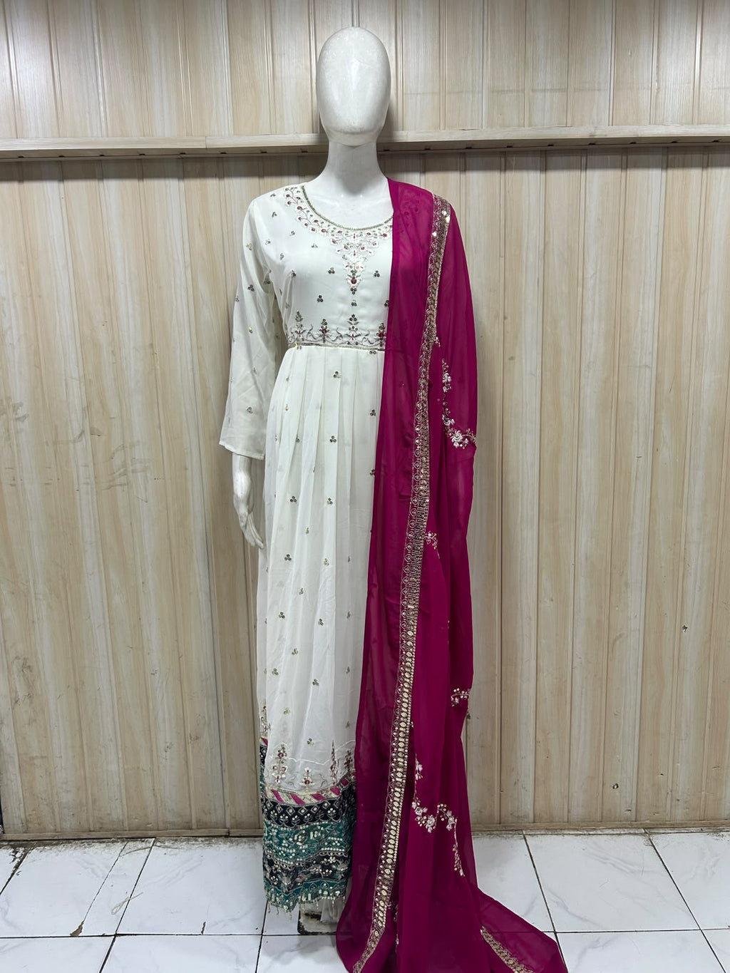 Ivory Georgette Embroidered Kurti with Contrast Magenta Dupatta